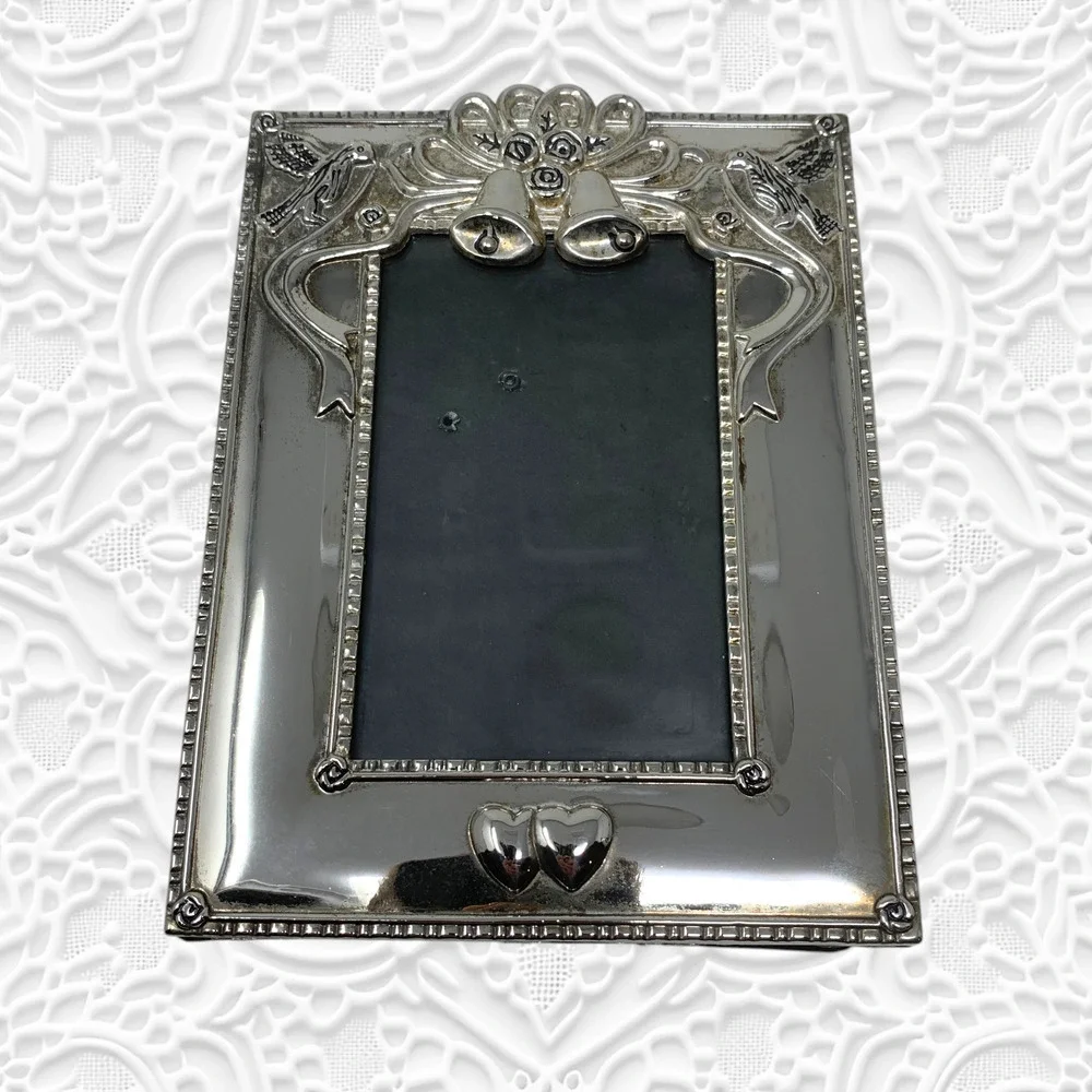 Vintage Silverplate Wedding Photo Frame Bells Doves Heart Romantic Anniversary